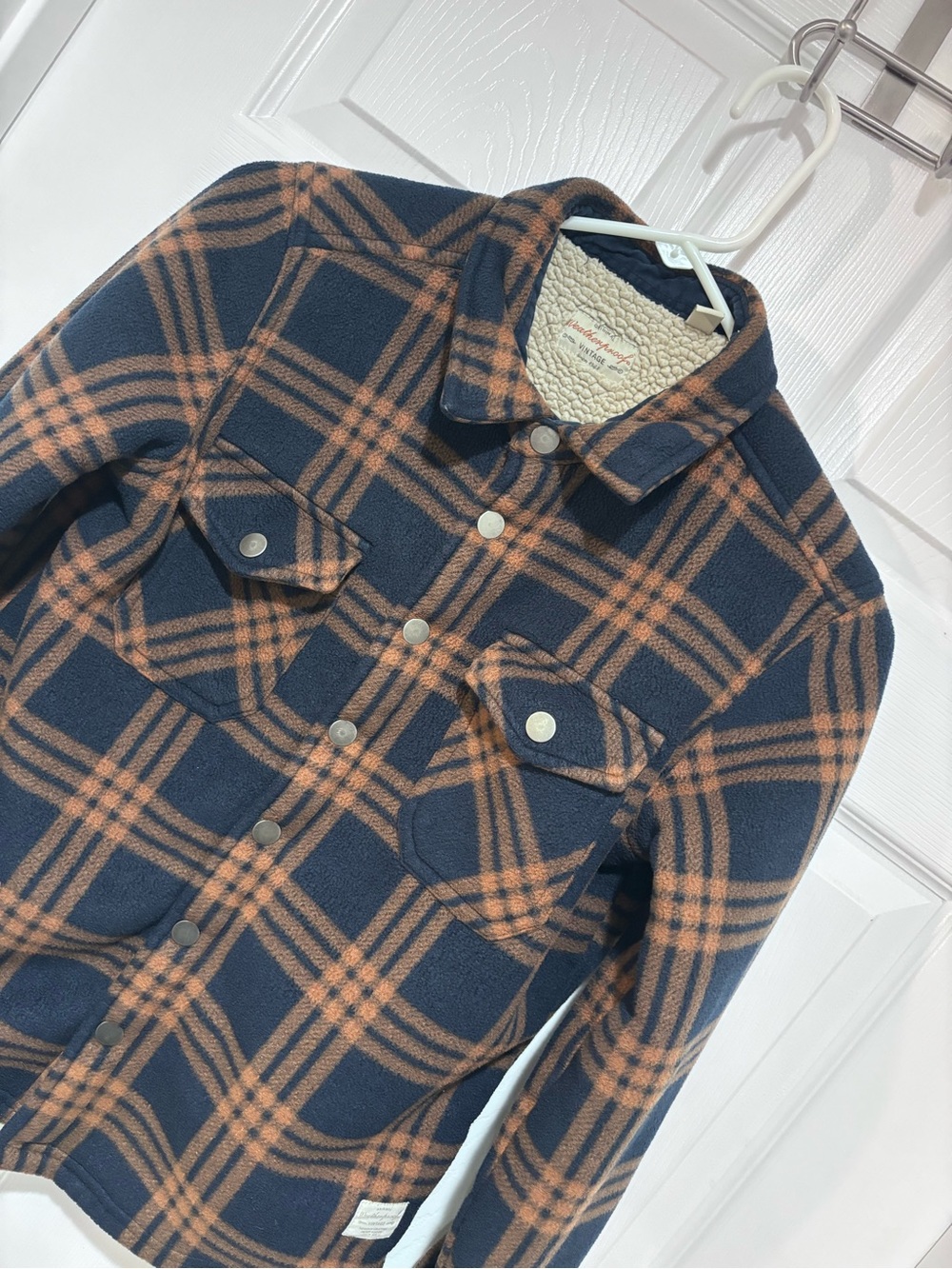 WEATHERPROOF VINTAGE Cozy Kid’s Navy & Burnt Orange Plaid Snap-Up Jacket